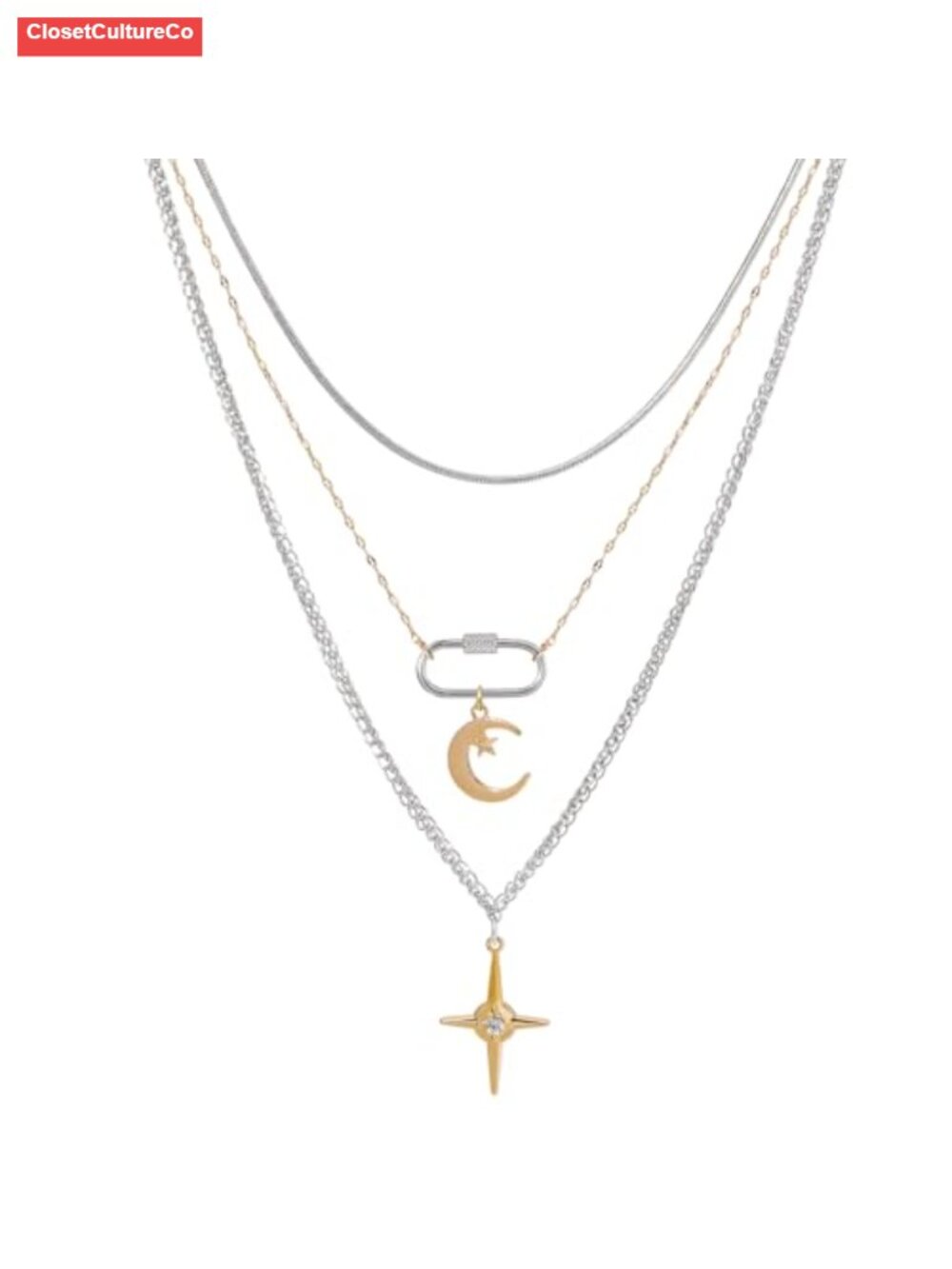 Mixed Metal Layered Necklace Paperclip Sun Moon Star Pendant Statement Jewelry